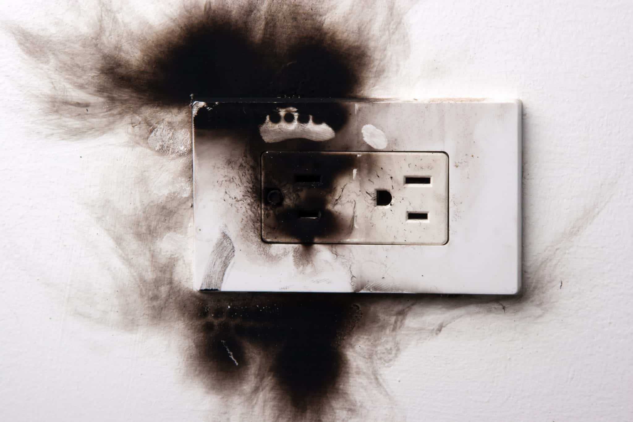 An outlet with fire and smoke damage from a severe power surge